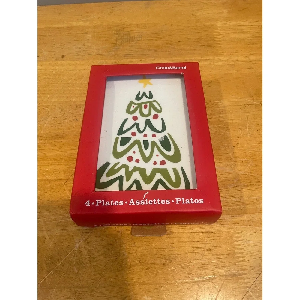 CRATE & BARREL Set Of 4 Christmas Jolly Trees APPETIZER PLATES By Jane Dixon NEW